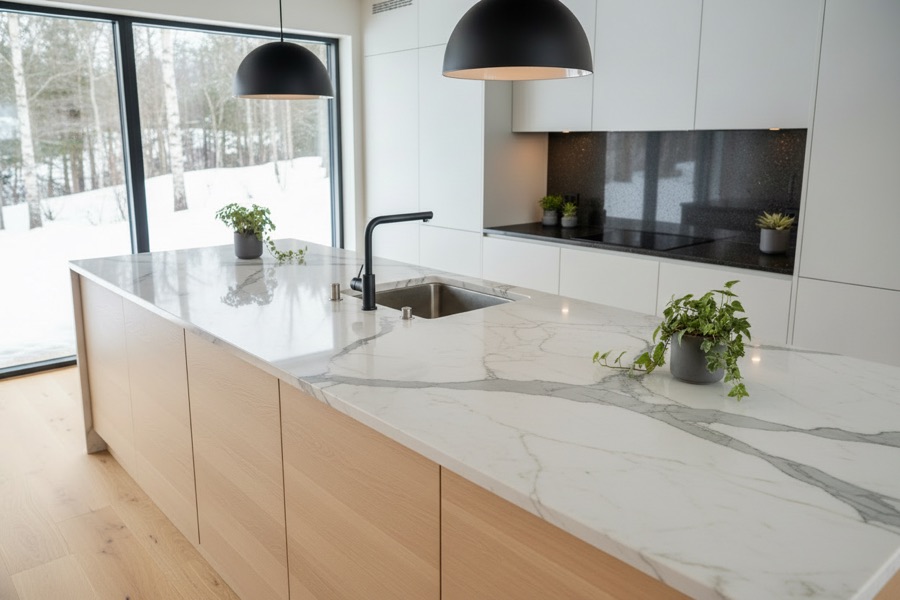 Benkeplate i marmor, Bianco Carrara, på et lyst kjøkken
