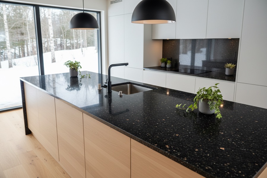 Benkeplate i granitt, Black Galaxy, på et lyst kjøkken