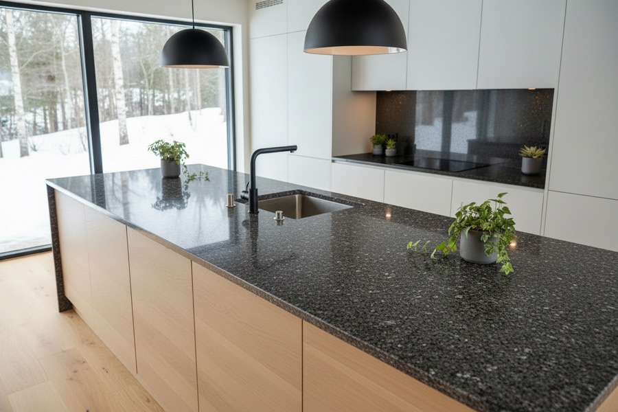 Steinplate til kjøkkenøy i Steel Grey granitt med underlimt vask